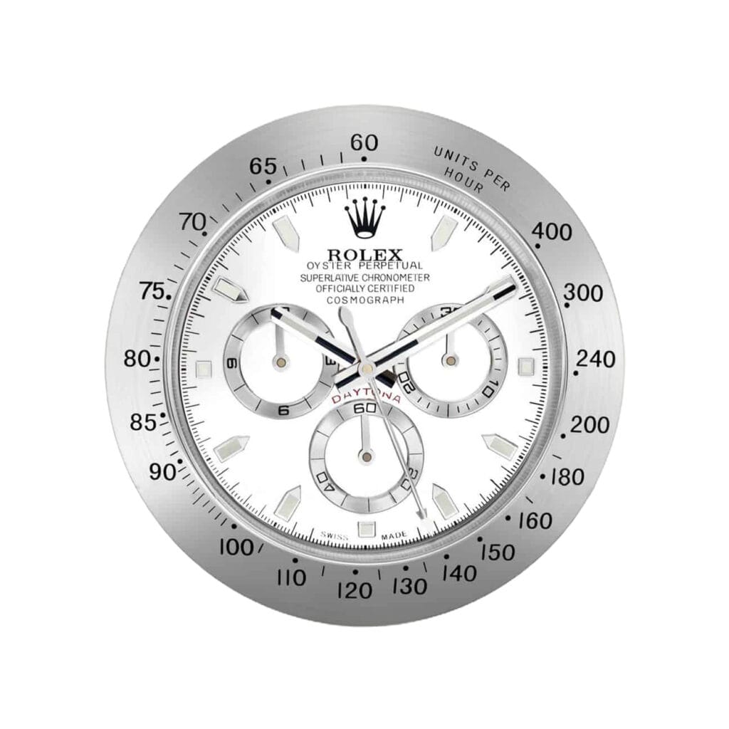 Rolex Daytona, Silver and White | Wall Clock – Premium Rolex Wall Clock by Clocks Atelier - Luxury bed room wall clock