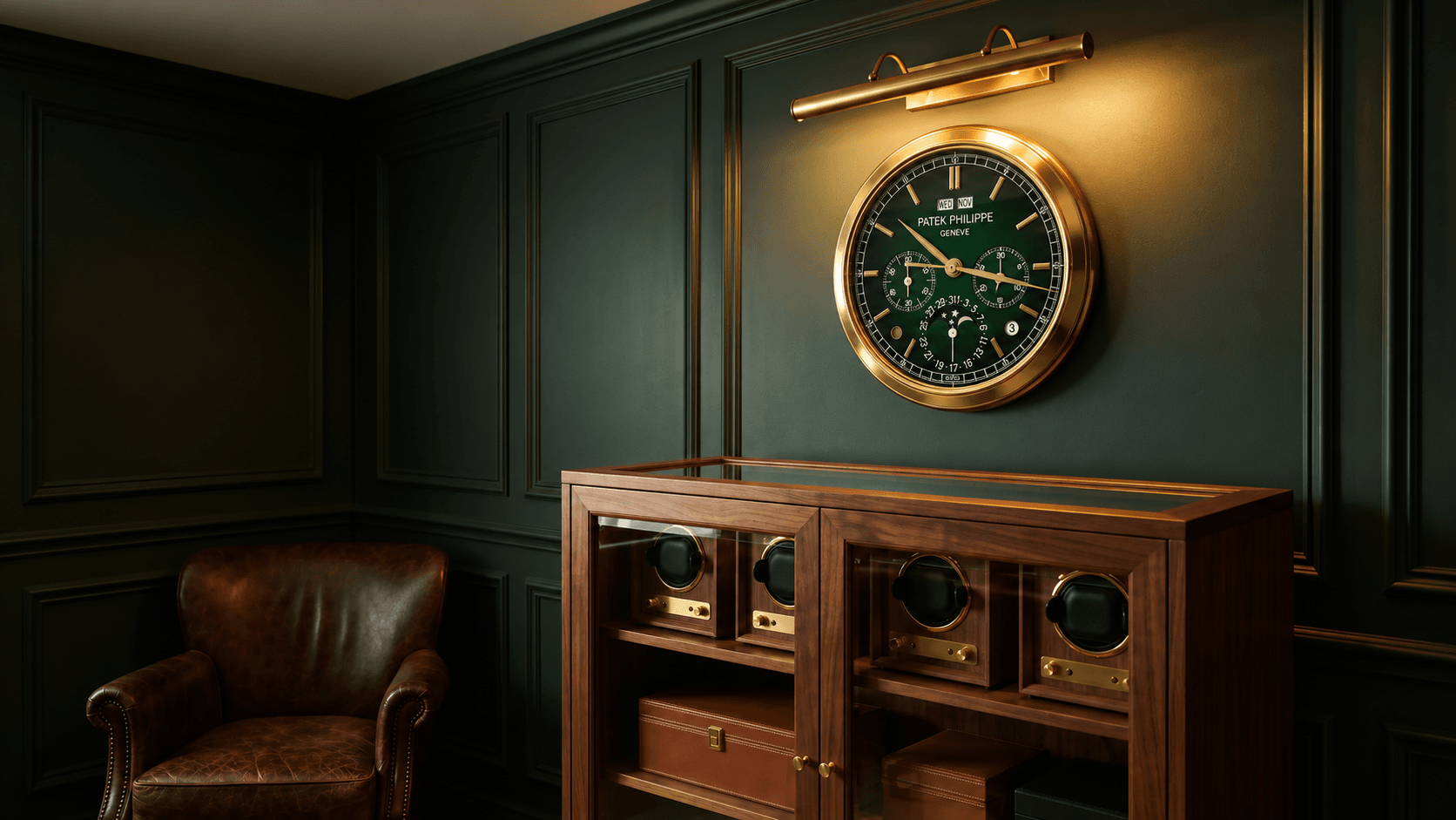 Gold Patek Philippe style wall clock with a green dial above a watch display cabinet in a collector's room