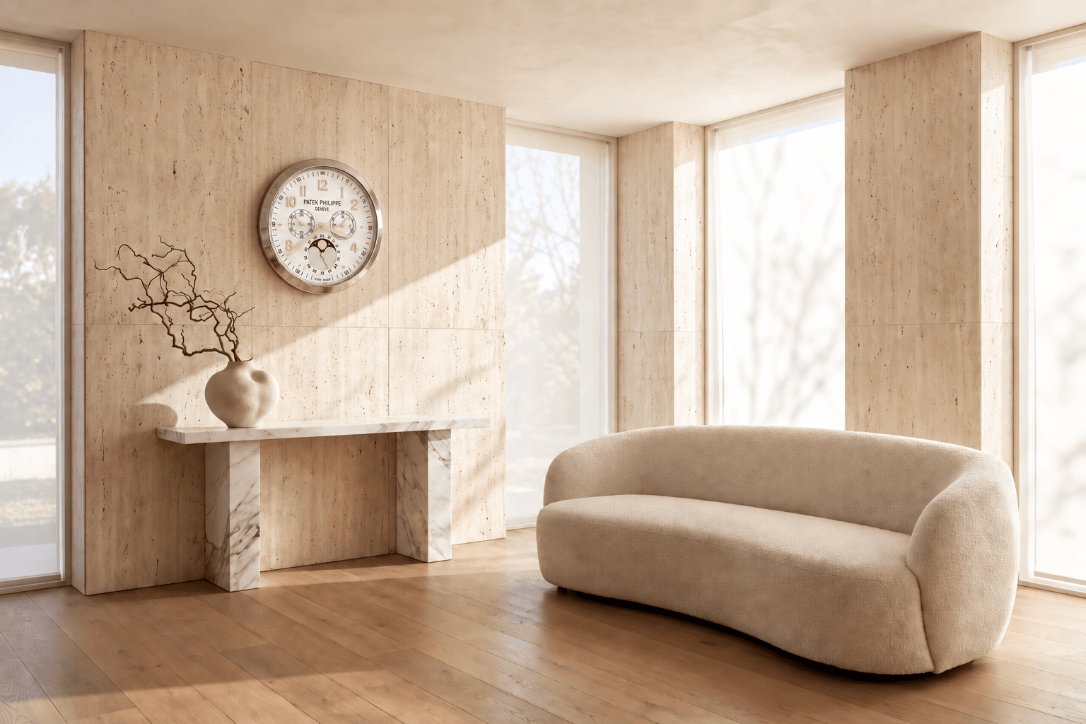 Rose gold Patek Philippe style wall clock with an ivory dial above a marble console in a bright luxury living room